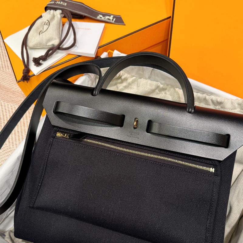 HERMES Black Canvas Herbag Shoulder Tote Gold-Tone Hardware Tote Bag 31