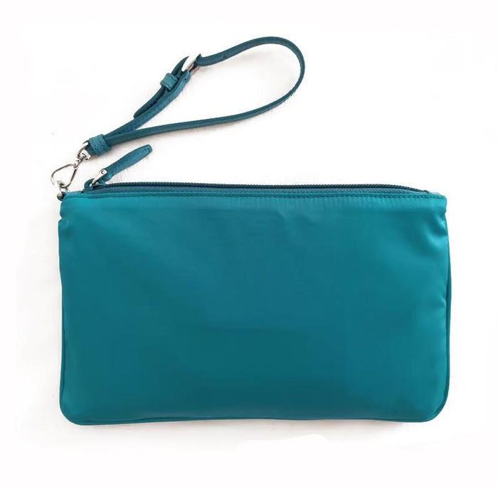 PRADA Tessuto Nylon Triangle Logo Leather Strap Pouch Clutch 1NH545 TURCHESE