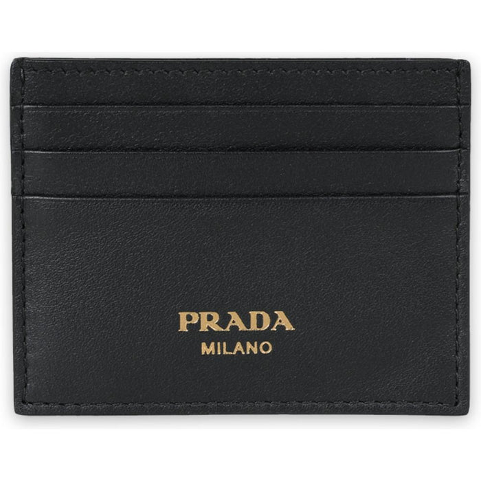 PRADA Metal Logo Card Holder Black Gold-Tone Hardware Wallet