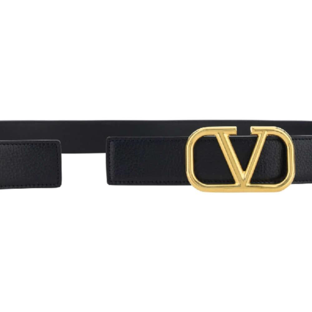 VALENTINO V Logo Gold-Tone Black Leather Men's Belt 3Y2T0S98 EET 0NO