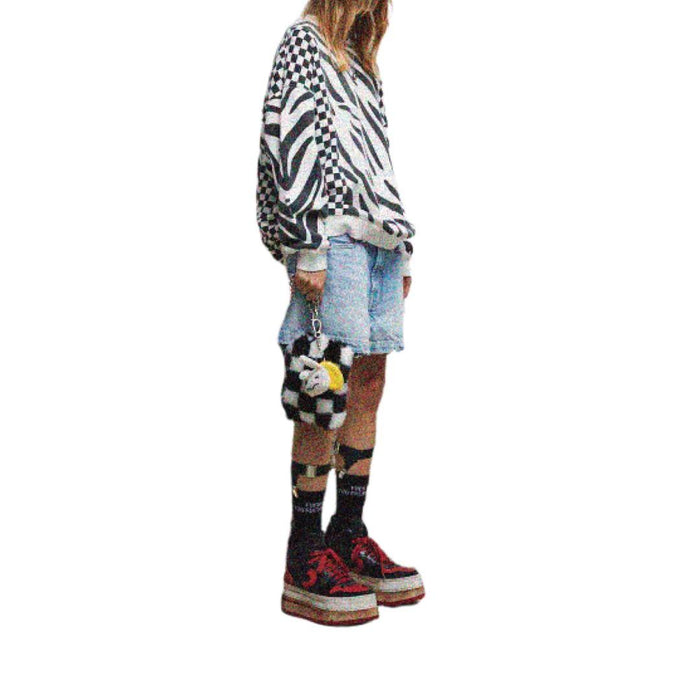 R13 White Oversized Cotton Check Pattern Sweatshirt R13 R13WK004