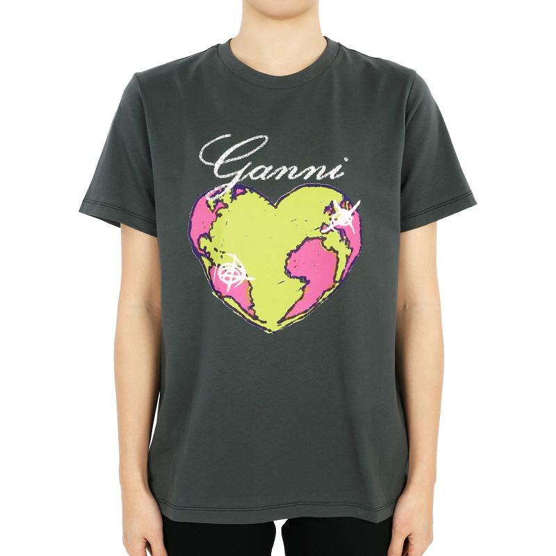 GANNI Heart Logo Graphic Print Short Sleeve T-Shirt Gray Yellow T3770 490