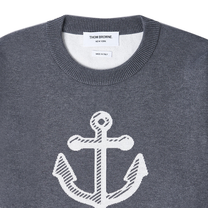 THOM BROWNE Anchor Jacquard Crewneck Knit Sweater Gray Men