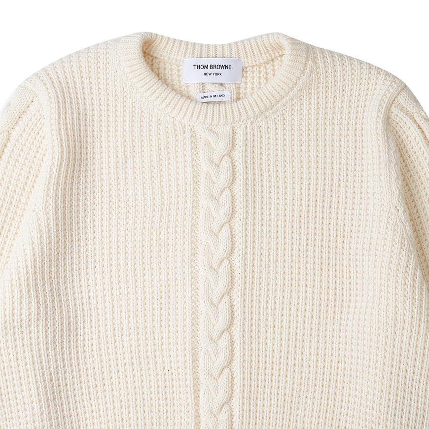 THOM BROWNE Men’s Cable Stitch Wool Crewneck Sweater White
