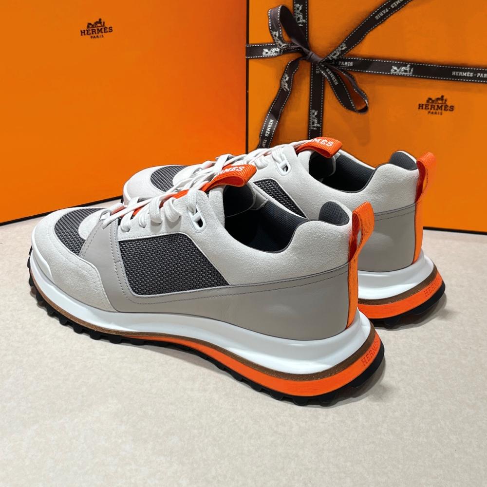 HERMES Men’s Low-Top Sneakers Gray Orange Calfskin Suede