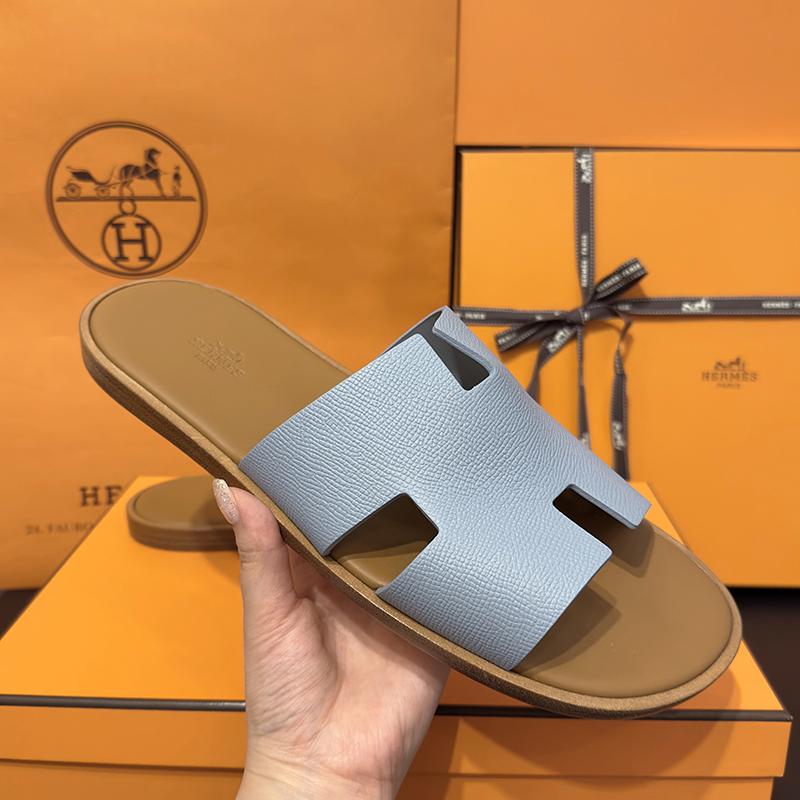 HERMES Izmir Calfskin Sky Blue Brown Two-Tone Men's Sandals