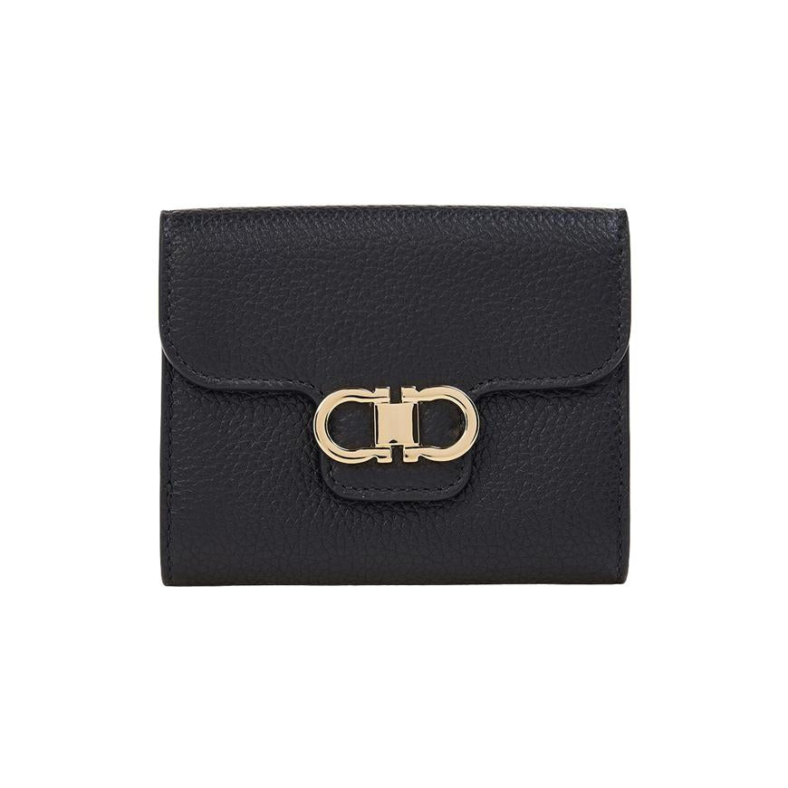 Ferragamo Gancini Compact Bifold Wallet Black Red Women’s Leather