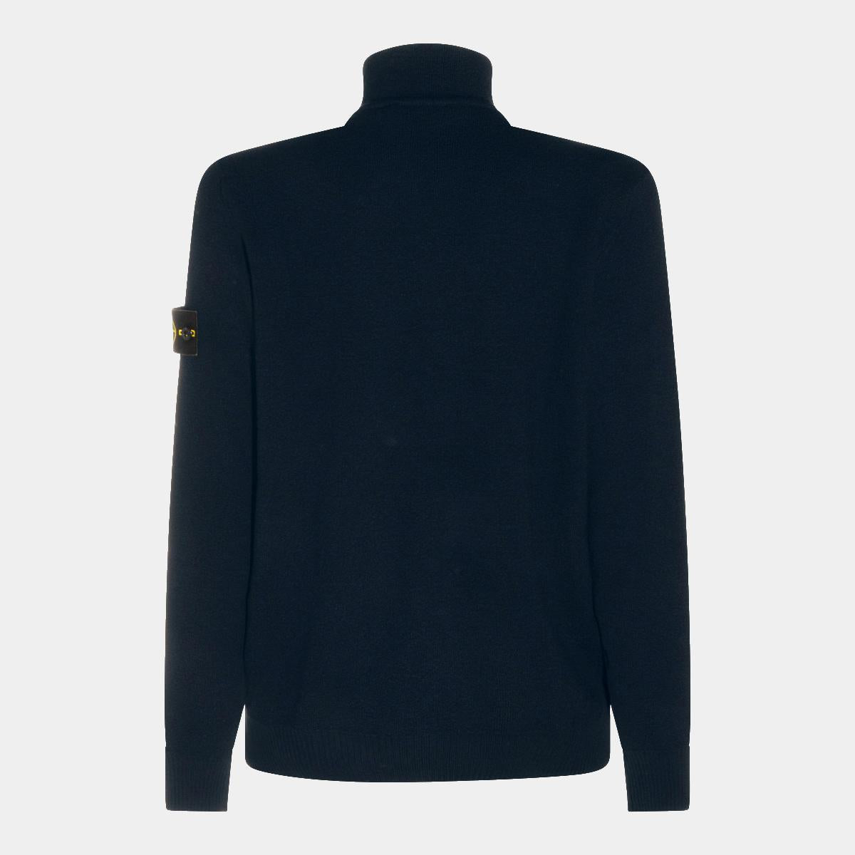 STONE ISLAND Black Wool Zip-Up Knit Sweater