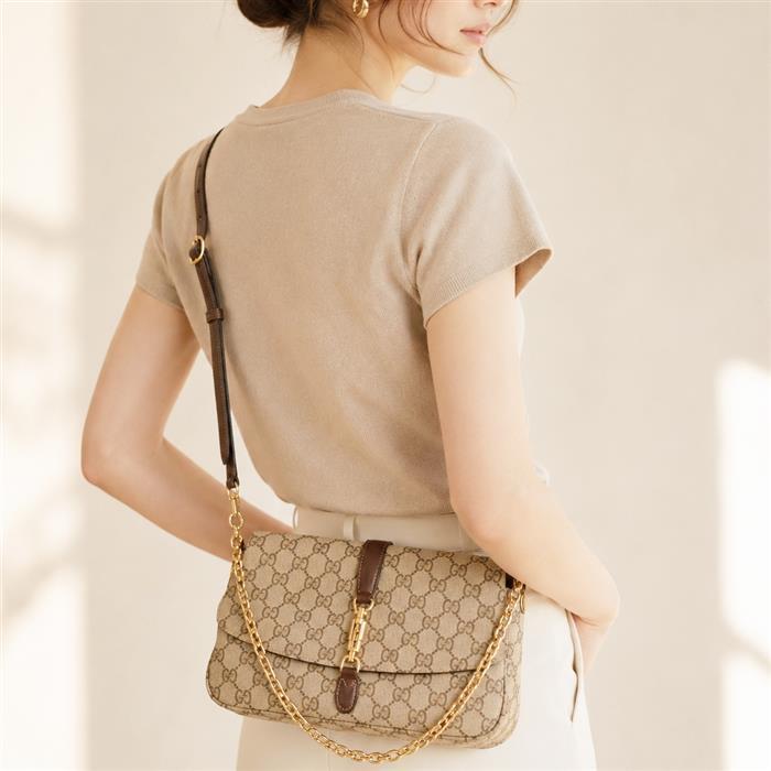 GUCCI Aperitivo Medium Shoulder Bag Beige Canvas Leather Trim