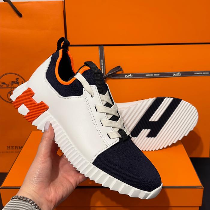 HERMES Marine Knit Calfskin Sneakers with Orange H Logo Low Top