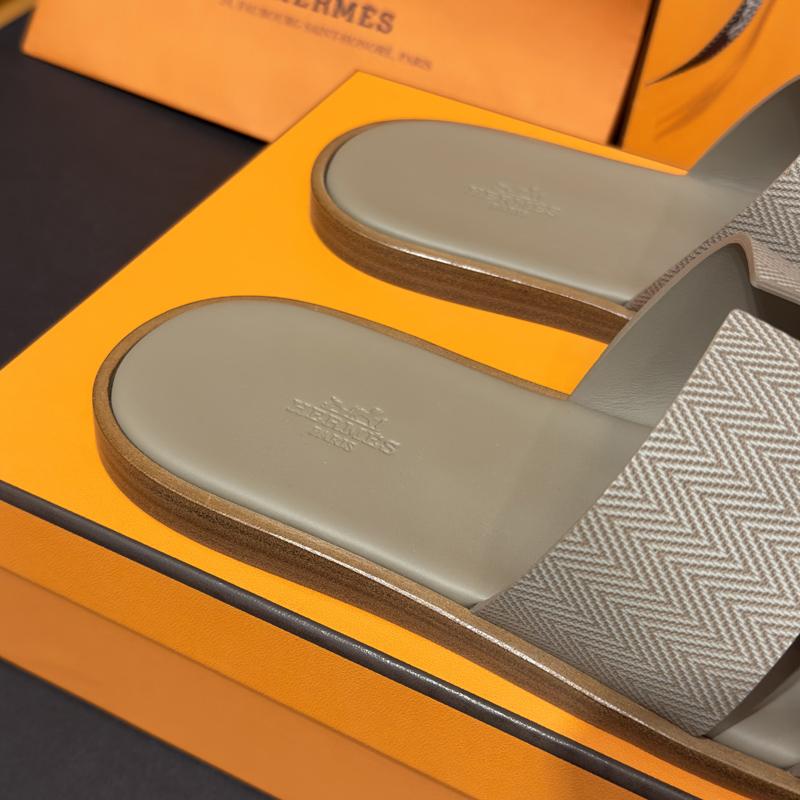 HERMES Izmir Sandals Chevron Beige Calfskin Men's Slippers