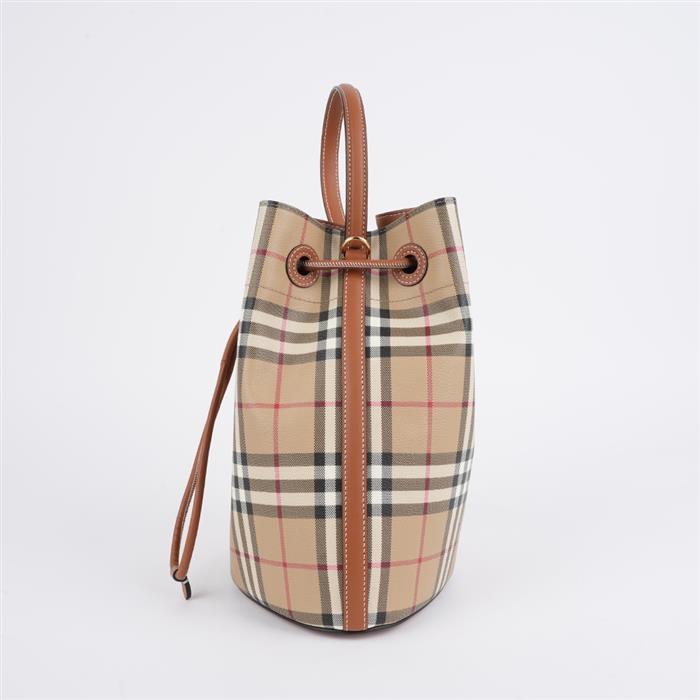 BURBERRY Small Check Leather Drawstring Bucket Bag