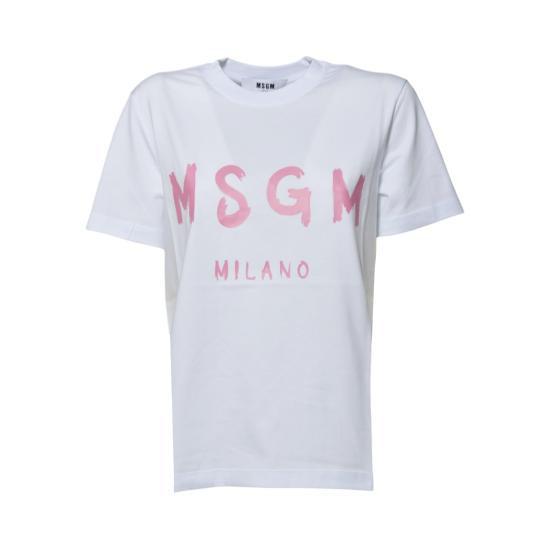 MSGM Brushed Logo Short Sleeve T-Shirt White Women's Top