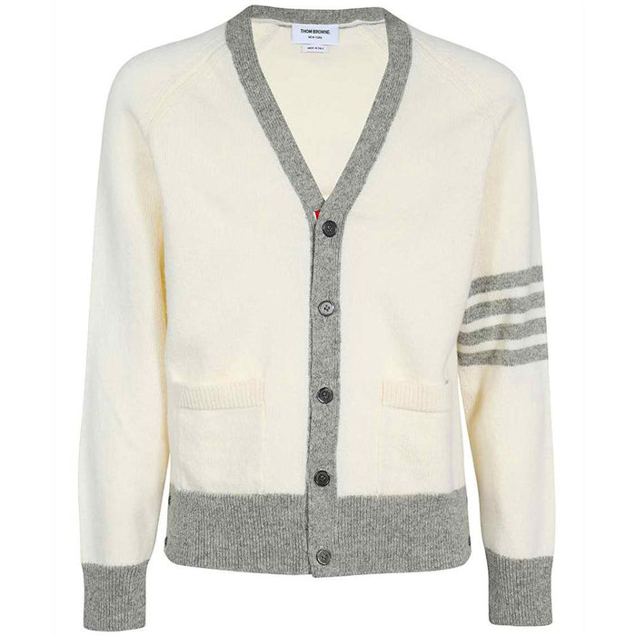THOM BROWNE Diagonal Armband V-Neck Wool Cardigan White Men