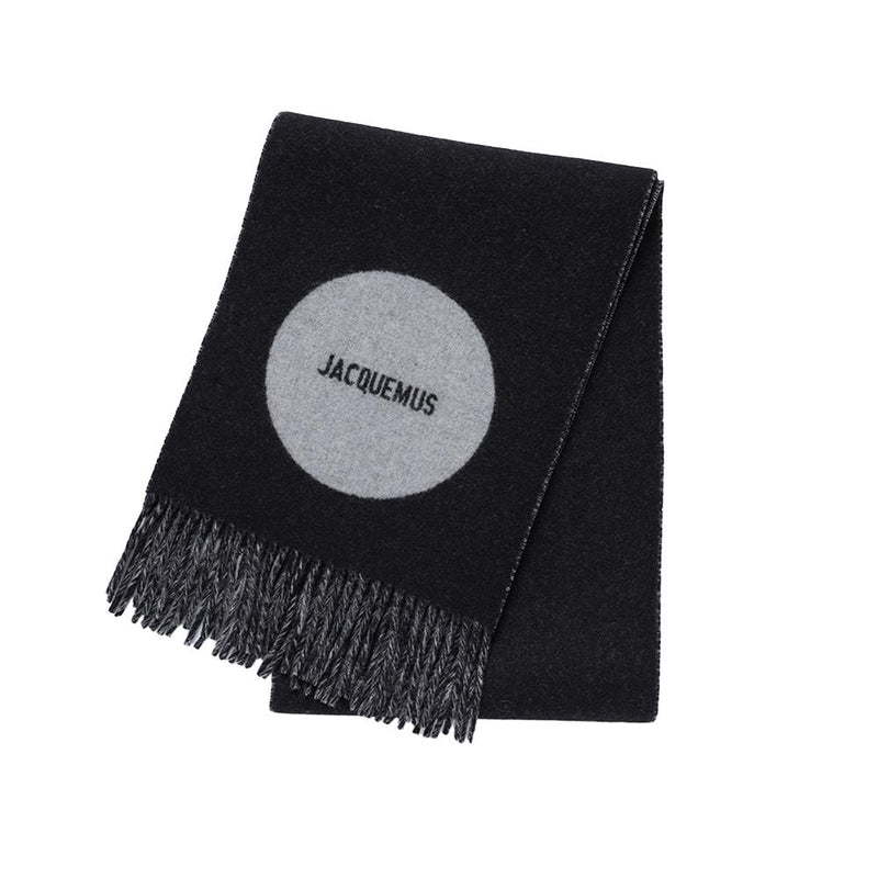 JACQUEMUS Jacquard Logo Fringe Scarf Gray Wool