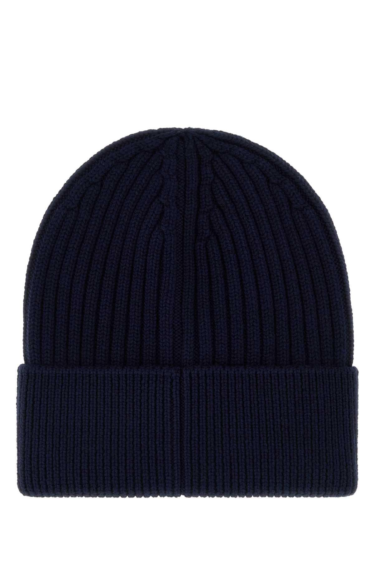 Moncler Navy Ribbed Wool Knit Beanie Hat for Men