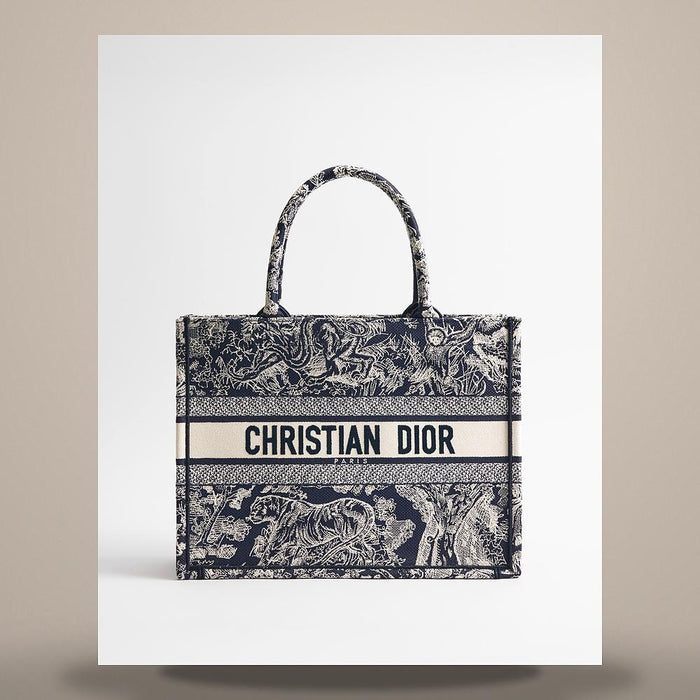 DIOR Blue Ecru Toile de Jouy Reverse Embroidered Medium Book Tote Bag