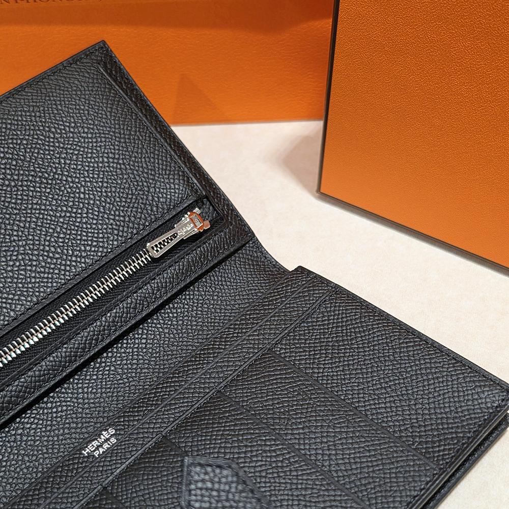HERMES Epsom Leather Bearn Long Wallet Black Palladium Hardware