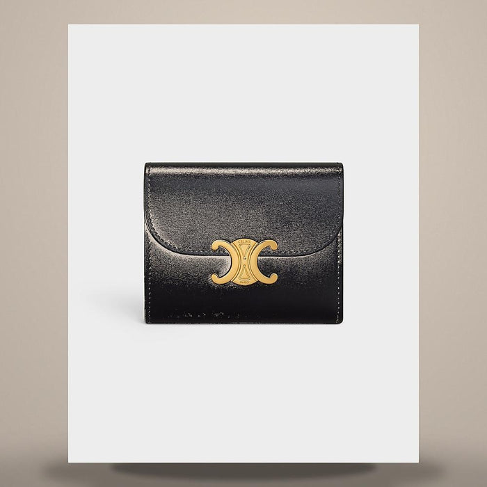 CELINE Small Triomphe Flap Wallet Shiny Calfskin Black Card Holder