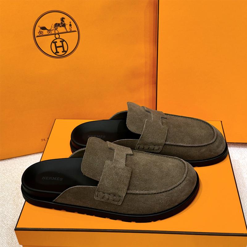 HERMES Etoupe Suede Calfskin Go Mule Sandals for Men