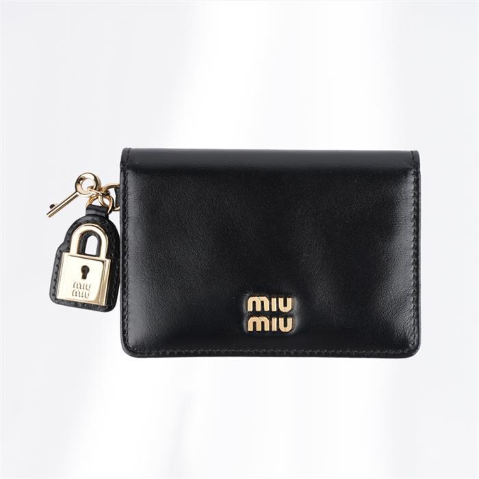 Miu Miu Metal Pendant Leather Card Holder Black