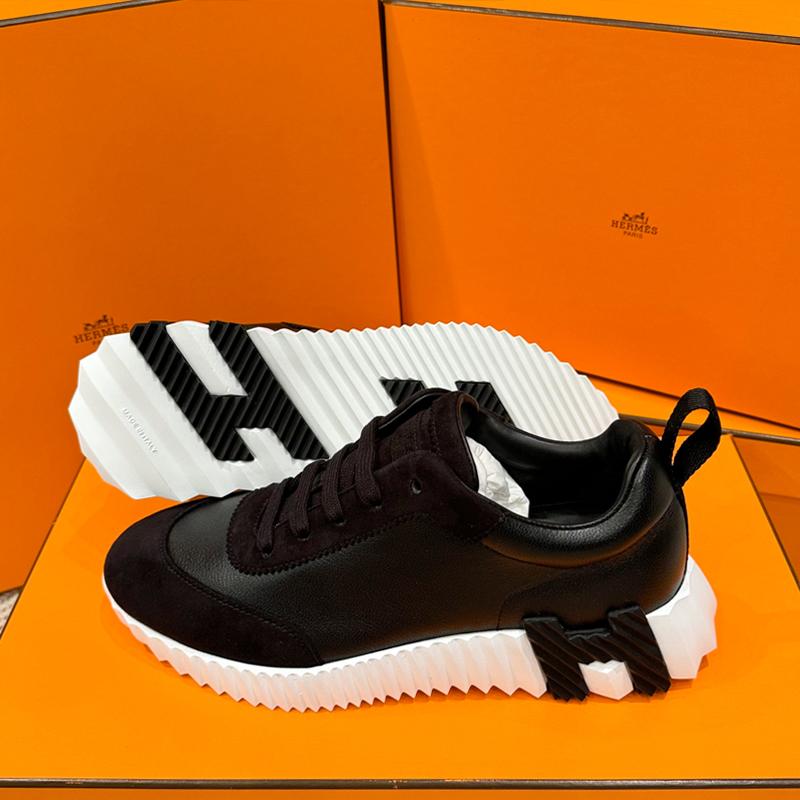 HERMES Black Goatskin Leather H Logo Low-Top Sneakers for Women