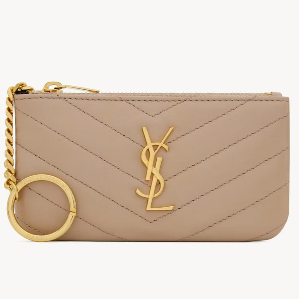 Saint Laurent Cassandra Matelassé Key Pouch Dark Beige