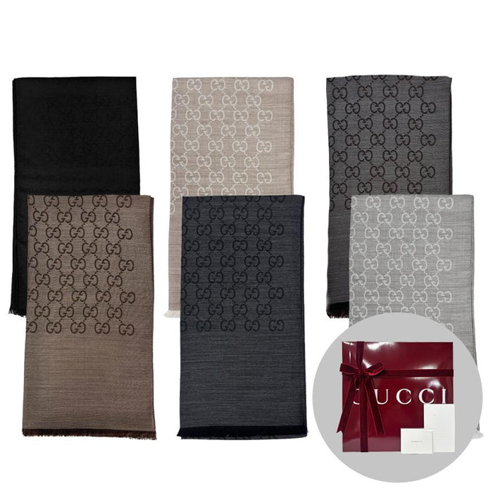 GUCCI GG Jacquard Wool Silk Reversible Scarf Unisex 165904