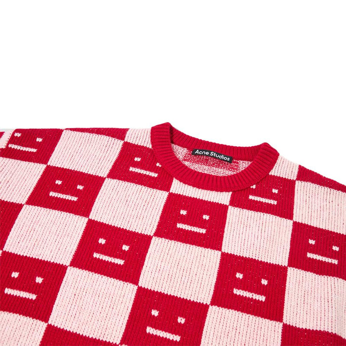 Acne Studios Logo Checkerboard Wool Crewneck Sweater Red Pink C60055 CW6