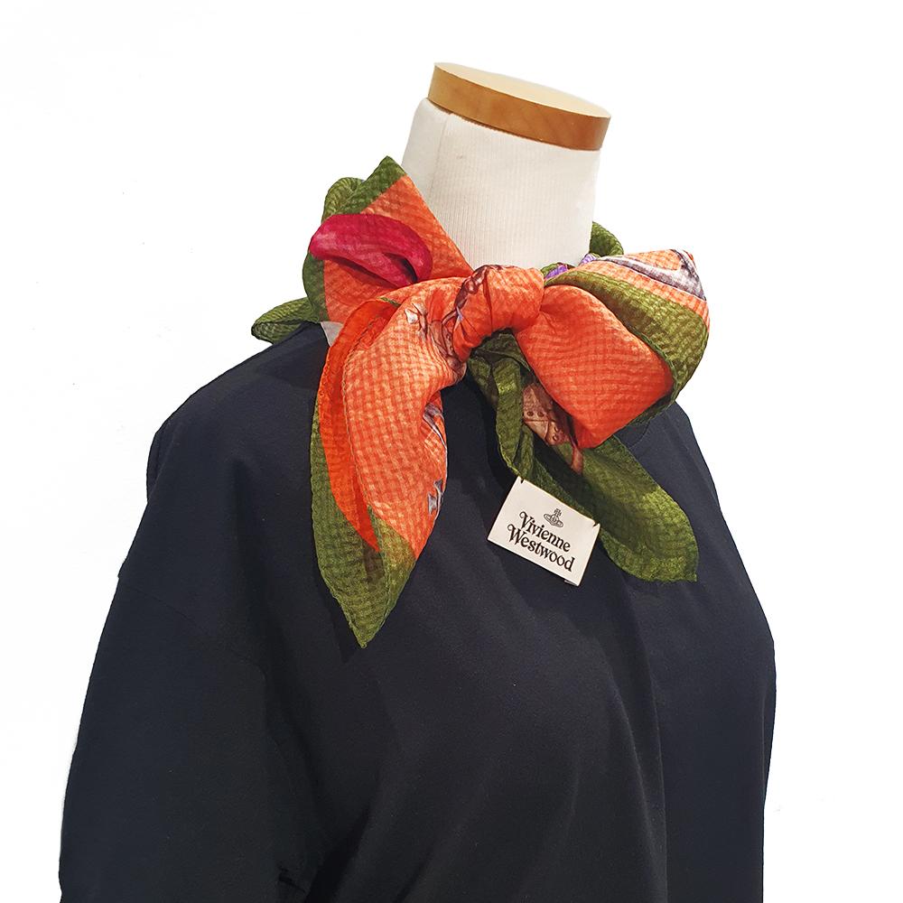 Vivienne Westwood Silk Scarf Heart Print Orange Green Women’s Scarf