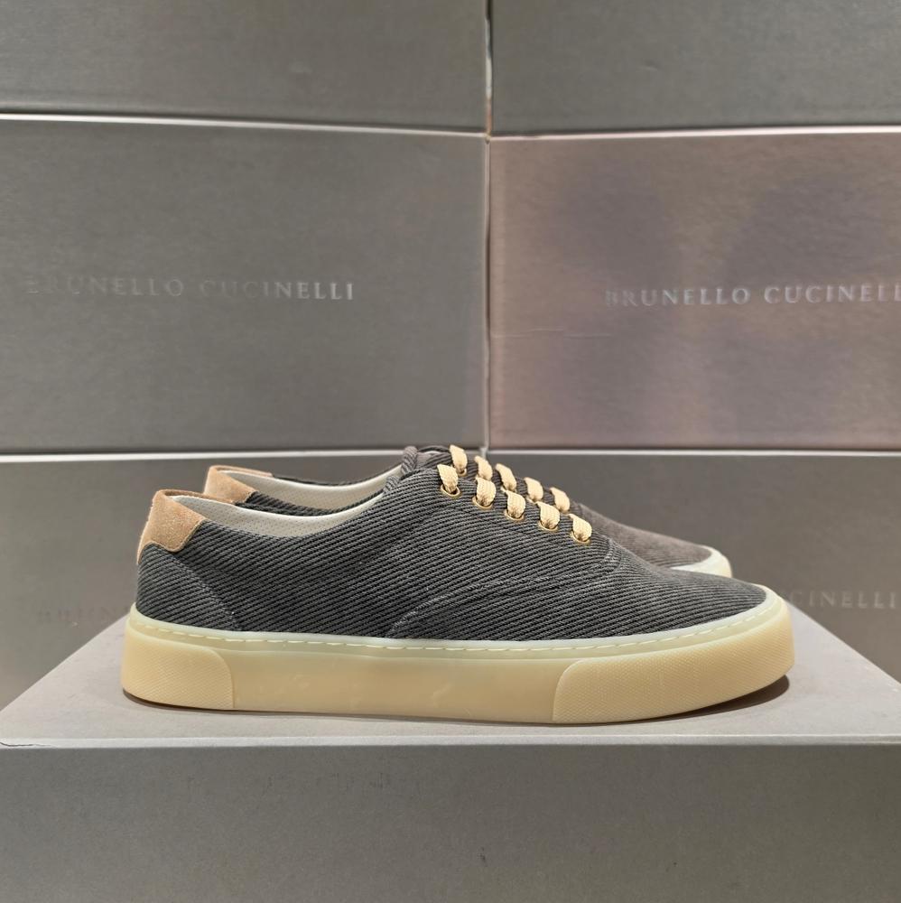 Brunello Cucinelli Charcoal Gray Corduroy Lace-Up Low-Top Sneakers