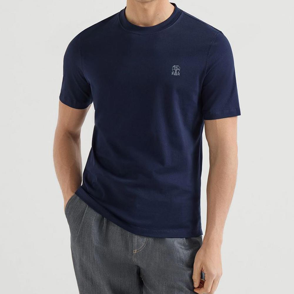 Brunello Cucinelli Logo Cotton Jersey Crewneck T-Shirt Navy Black