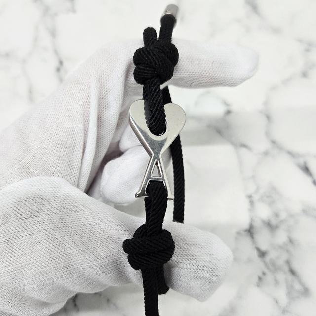 AMI Silver Heart Logo Link Black Cord Knot Bracelet UJW456 HW0021 9002