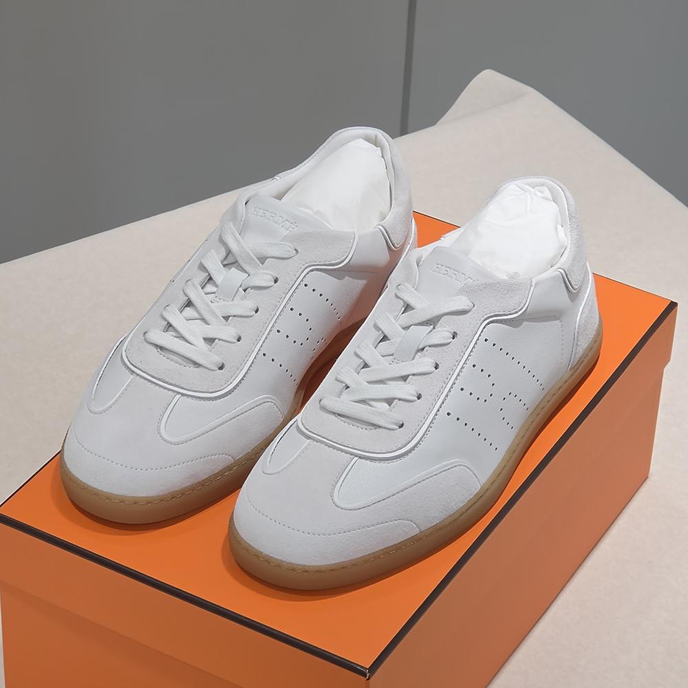 HERMES Men’s Match Sneakers White Canvas Leather Low-Top