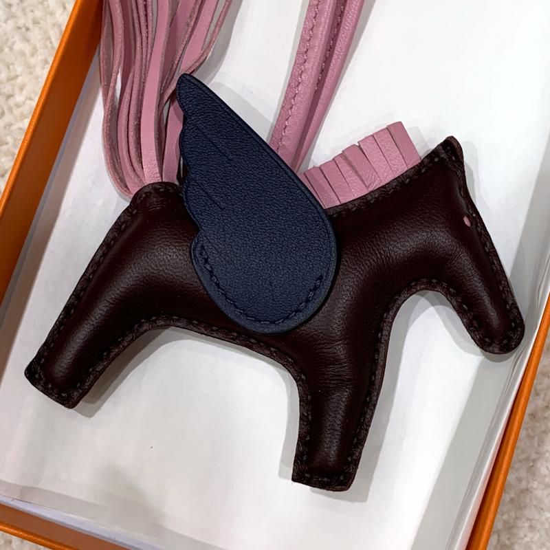 HERMES Rodeo Pegasus PM Charm Brown Navy Pink Calfskin Lambskin Key Ring