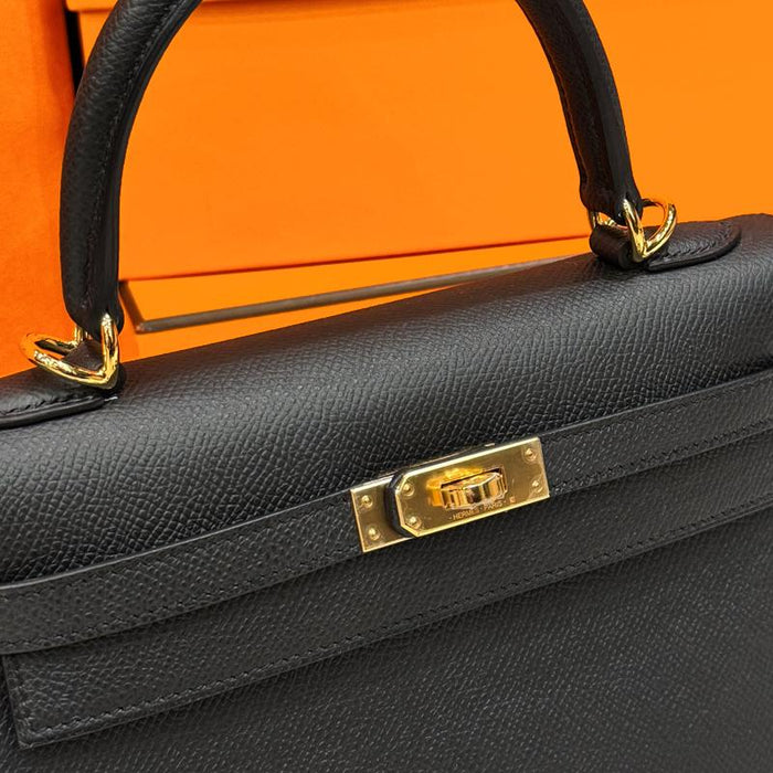 HERMES Kelly Bag Epsom Leather Black 25 Gold Hardware Tote