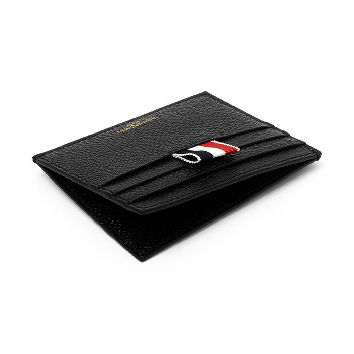 THOM BROWNE Tricolor Tab Grain Leather Black Card Holder Wallet