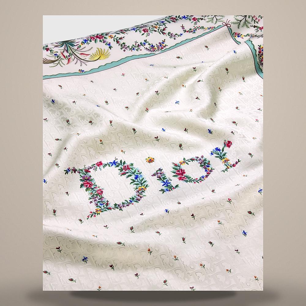 DIOR Amour Revolution Flower 90 Square Scarf White Multicolor Silk Twill