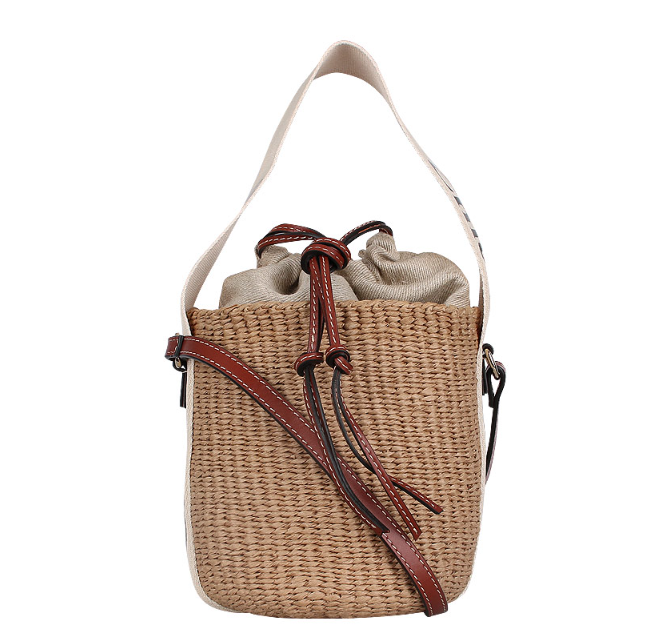 Chloe Woody Small Basket Bucket Bag Ivory Straw Leather Shoulder Bag