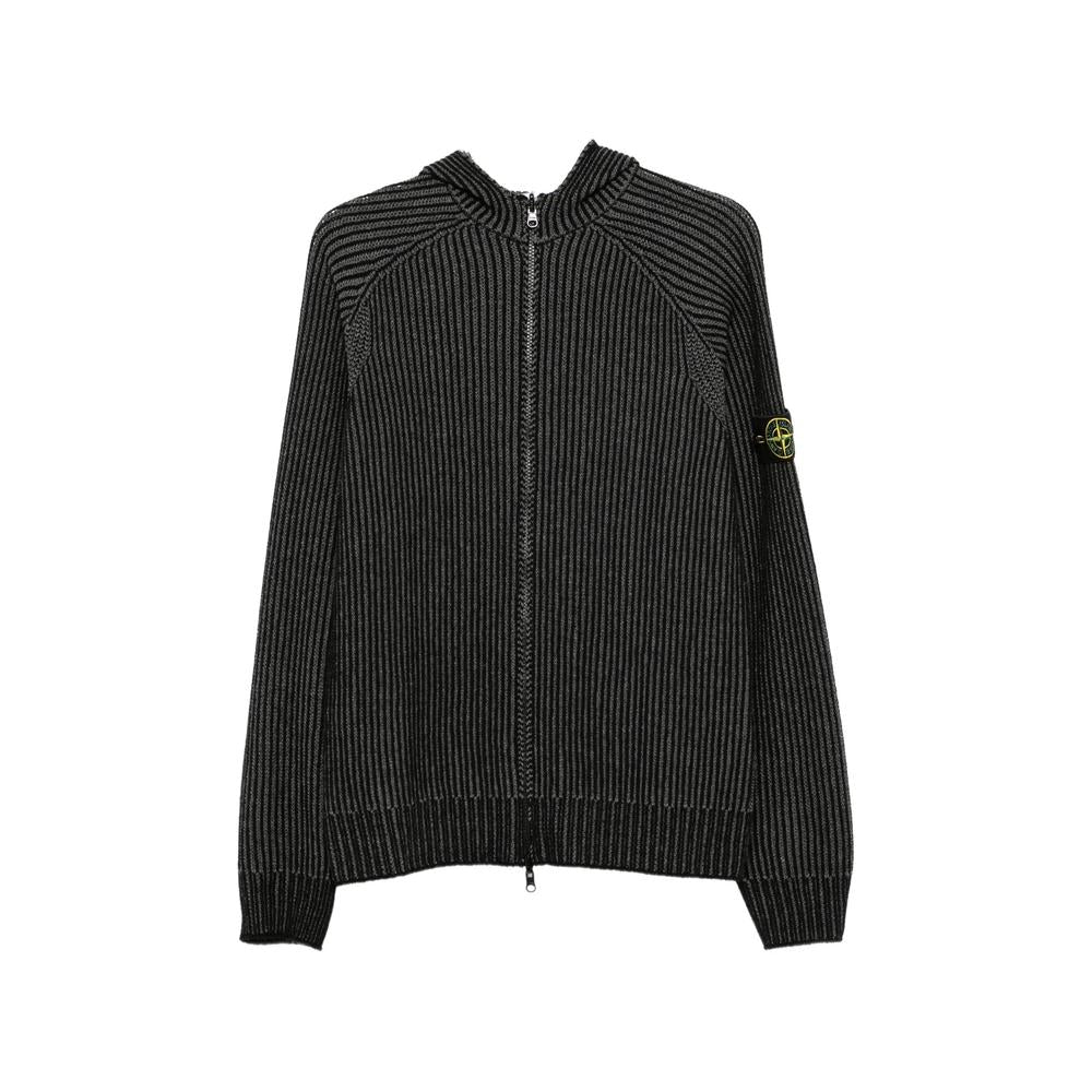 STONE ISLAND Black Wool Zip-Up Knit Cardigan