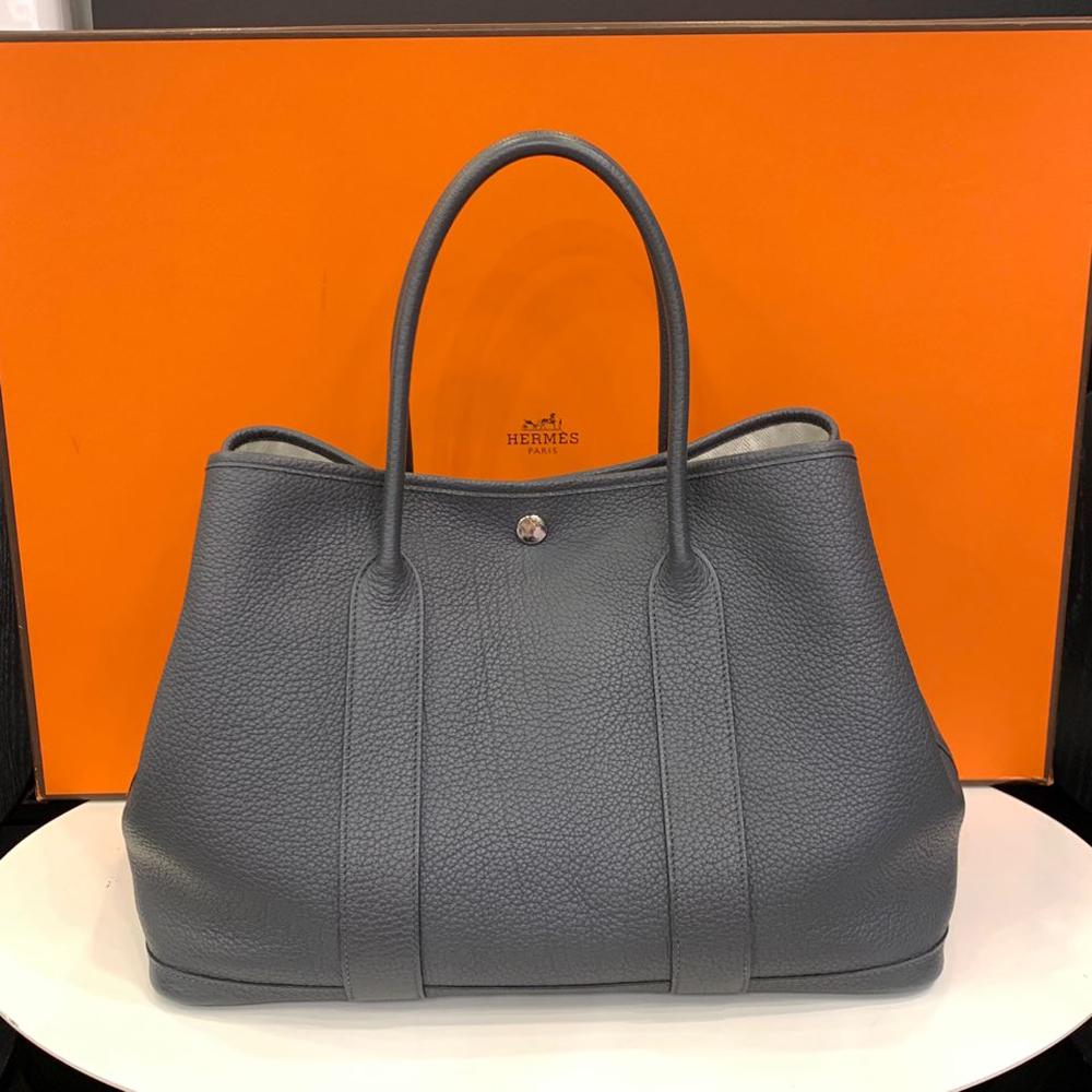 HERMES Garden Party Tote Bag Canvas Negonda Ecru Noir Palladium Hardware