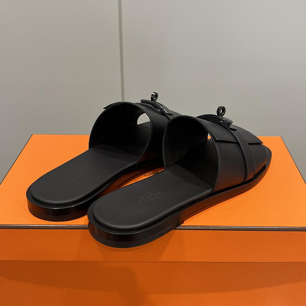 HERMES Men’s Gabriel Sandals Calfskin Kelly Buckle Black