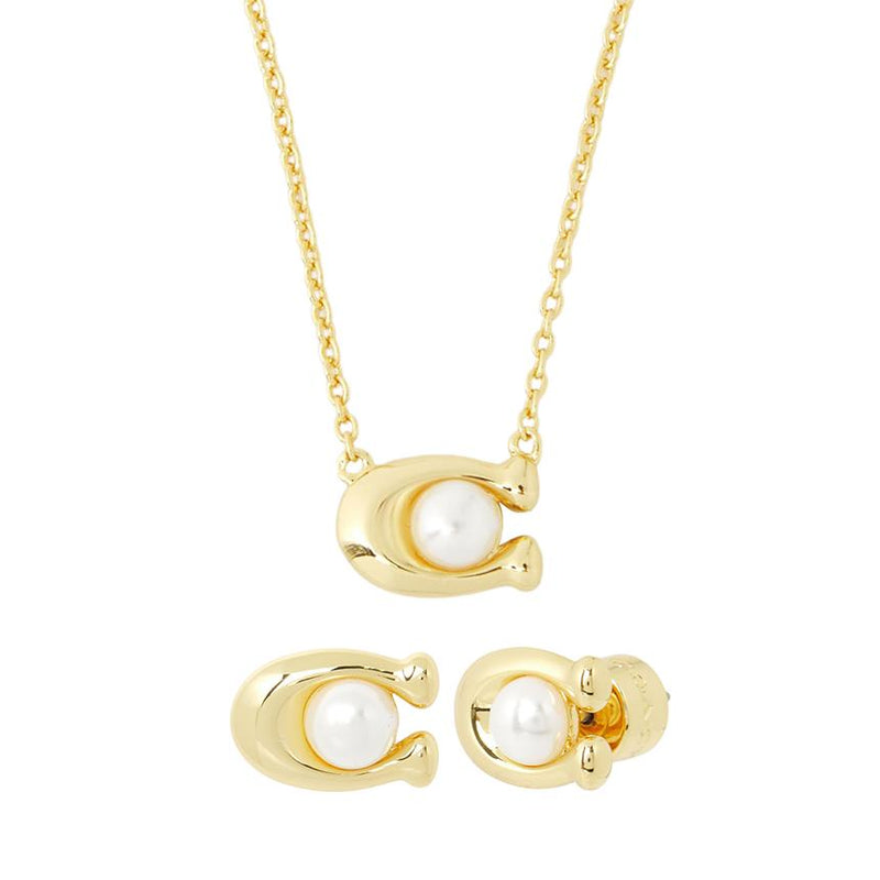 Coach Signature Pearl Women's Necklace & Earrings Set 473741 GLD 107