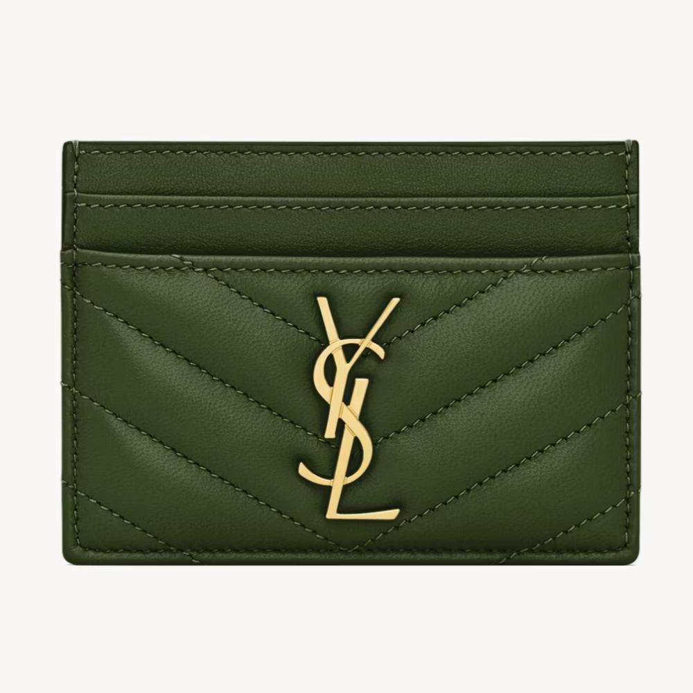Saint Laurent Cassandra Matelassé Lambskin Card Case Olive Wood