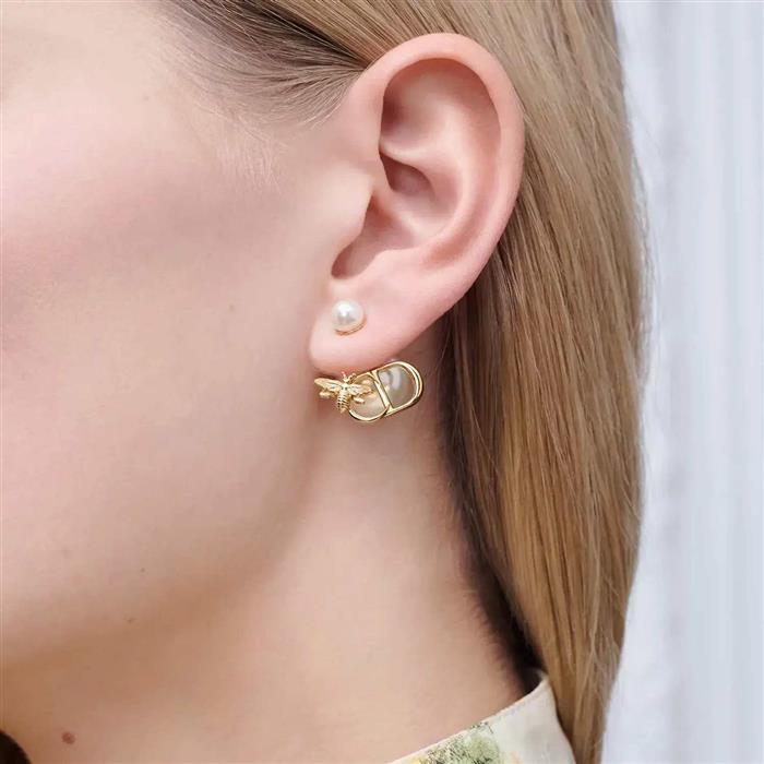DIOR Tribal Pearl Earrings Gold-Tone Metal Studs