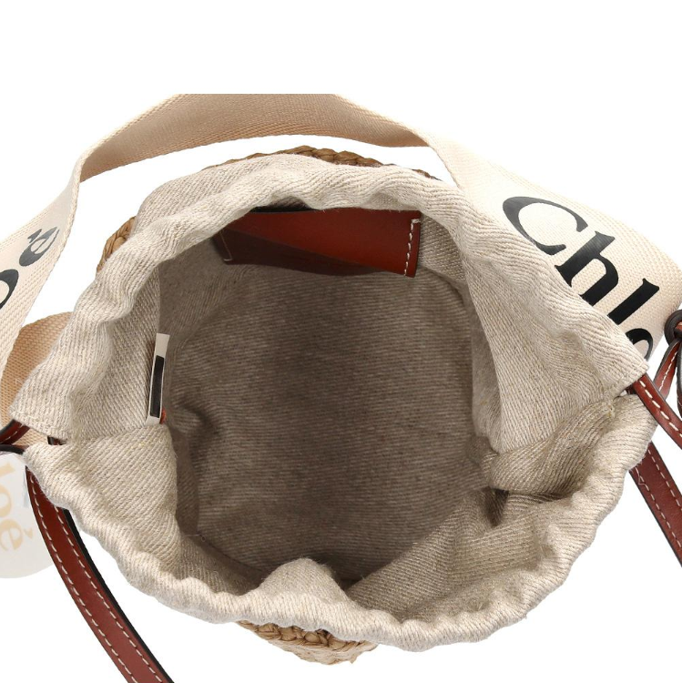 Chloe Woody Small Basket Bucket Bag Ivory Straw Leather Shoulder Bag