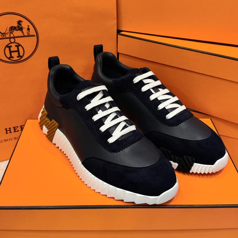 HERMES Marine Blue Goat Skin Bouncing Sneakers H Brown Black Low-Top