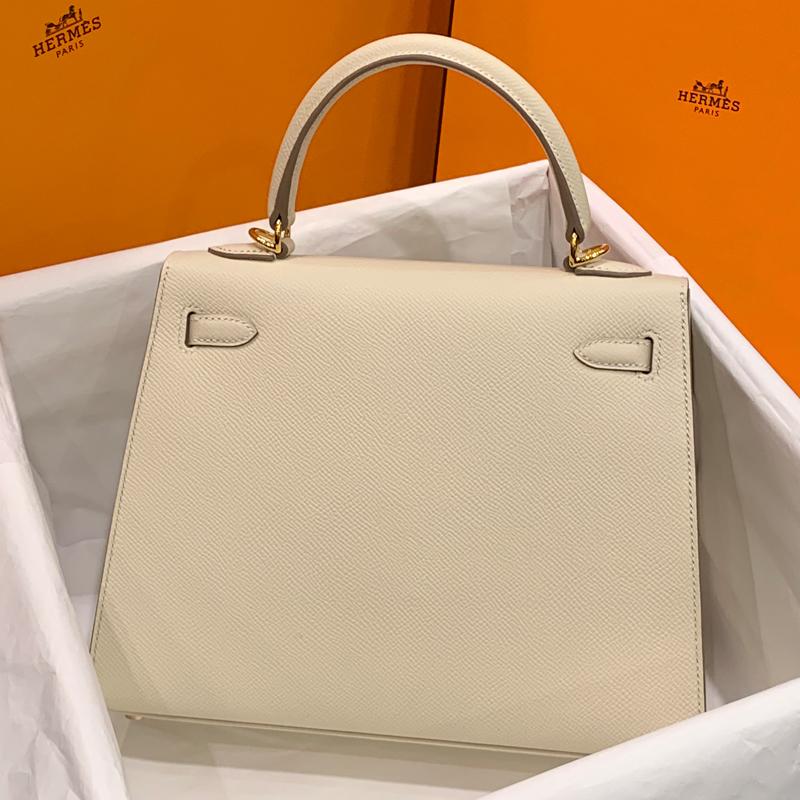 HERMES Epsom Leather Kelly 25 Ivory Shoulder Bag Gold Hardware