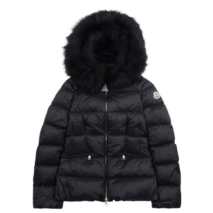 Moncler Hooded Shearling Trim Short Down Jacket Black Women’s