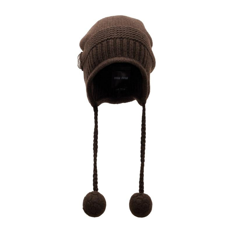 Miu Miu Logo Cashmere Beanie Hat Black